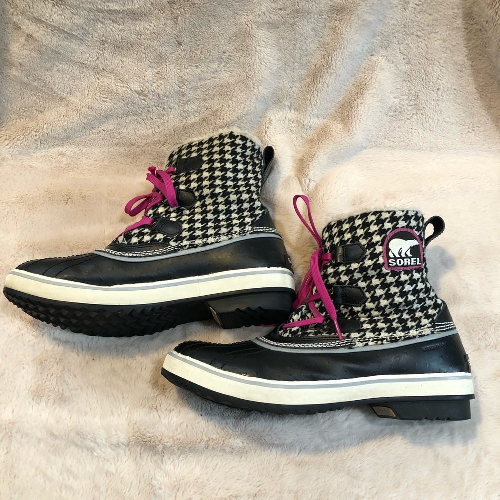 Sorel Tivoli Houndstooth Black Pink White Women's 11 Waterproof Snow Boots Lined
